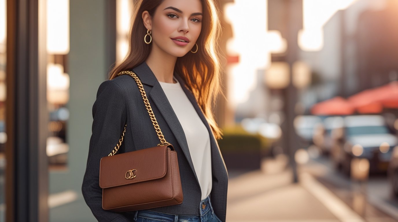 Lifestyle image featuring a brown chain crossbody bag